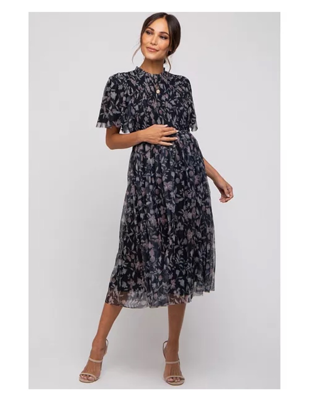 Pinkblush Floral Short-Sleeve Midi Dress in Black and Gray